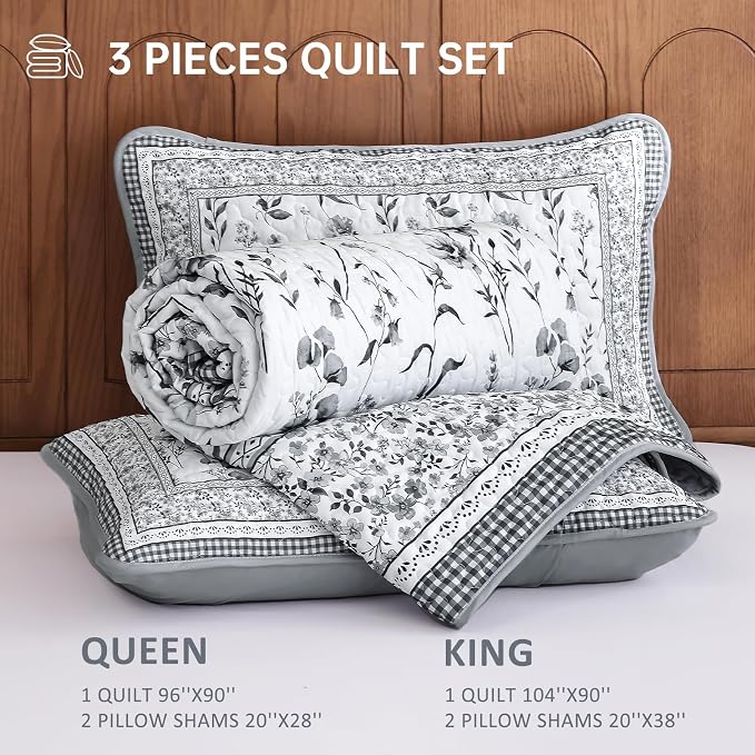WONGS BEDDING Floral Quilts Set Queen, Microfiber Lightweight Farmhouse Bed - Image 7