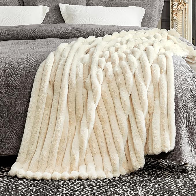 Cozy Bliss Faux Fur Throw Blanket for Couch, Cozy Warm Plush Striped Blanket for Sofa Bedroom Living Room, 90 * 90 Inches Beige