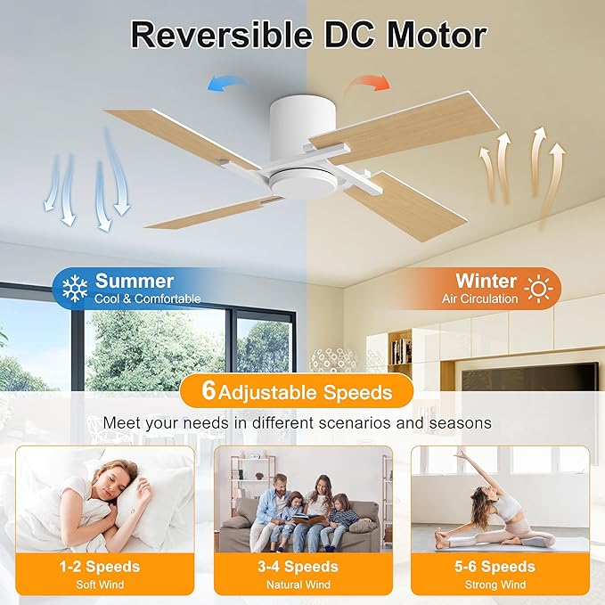 WINGBO 48 Inch Flush Mount Ceiling Fan without Light - 4 Plywood Blades, 6-Speed Reversible DC Motor, Noiseless Low Profile Ceiling Fan No Light for Bedroom Living Room, White and Oak/White