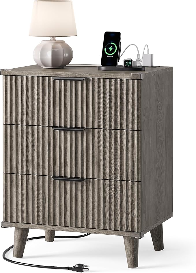 Wood Bedside Table w/Charging Station, 3 Drawers Fluted Dresser | Dark Grey by Lulive
