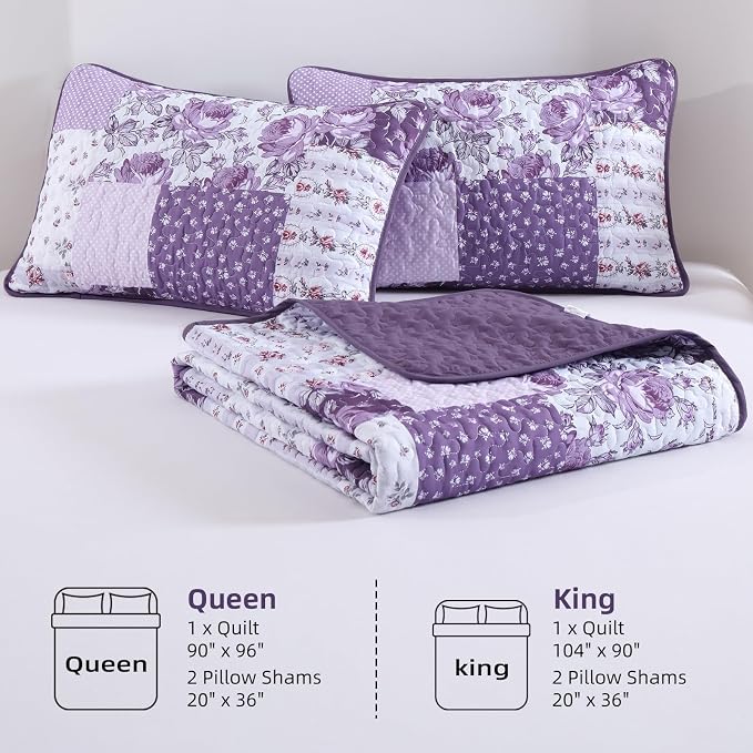 Anibedding Purple Patchwork Quilt Set King, Rose Floral Plaid Bedspread | - Image 7