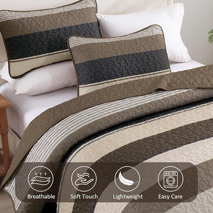 Dinjoy King Boho Striped Quilt Set, Balck White Lightweight Bedspread | Soft - Image 5
