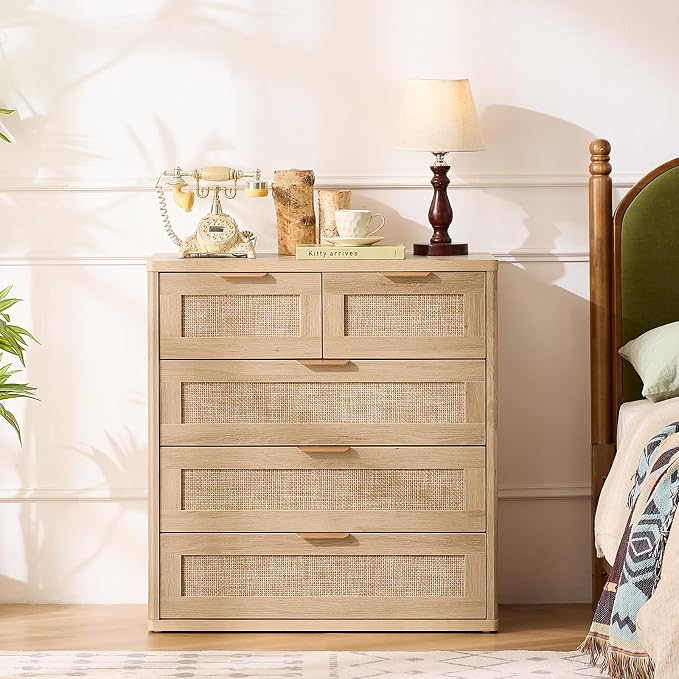 LEYAOYAO Rattan Dresser for Bedroom, 33.5" Small Chest of Drawers | Gold Metal - Image 9