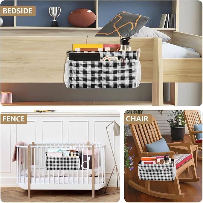 Buffalo Plaid Check Black Print Bedside Caddy Storage Bag Bedside Organizer - Image 8