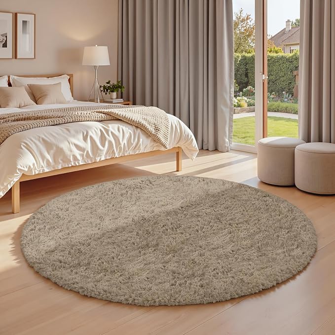 Grey Camel Round Fluffy Rug 5ft Plush Fuzzy Shaggy Carpet | Soft Rugs - Image 2