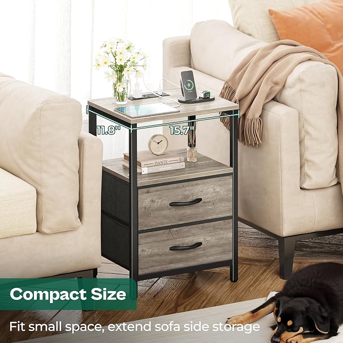 Huuger Nightstand with Charging Station, Side Table with Fabric Drawers | End - Image 5