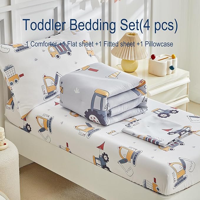 JHXHMX 4 Pieces Toddler Bedding Set for Boys,Excavator Cars Truck Pattern Toddler Comforter Set,Soft Crib Bed Set Including Comforter,Sheets and Pillowcase-Gray