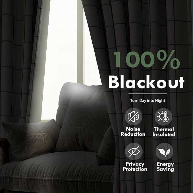 DriftAway 100% Blackout Plaid Linen Curtains W52xL84 Loden Green | 100% Blackout - Image 6