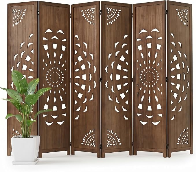 6 Panel Room dividers, 66.9" Boho Double-Sided Carved Screen, Freestanding by Shinkael