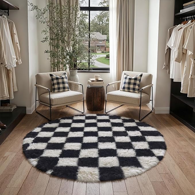 Checkered Round Rug 6ft for Playroom Black and White Soft Shag | Machine - Image 3