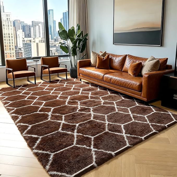 5x7 Area Rugs for Living Room Bedroom, Fluffy Brown and White Throw Rug by ONASAR
