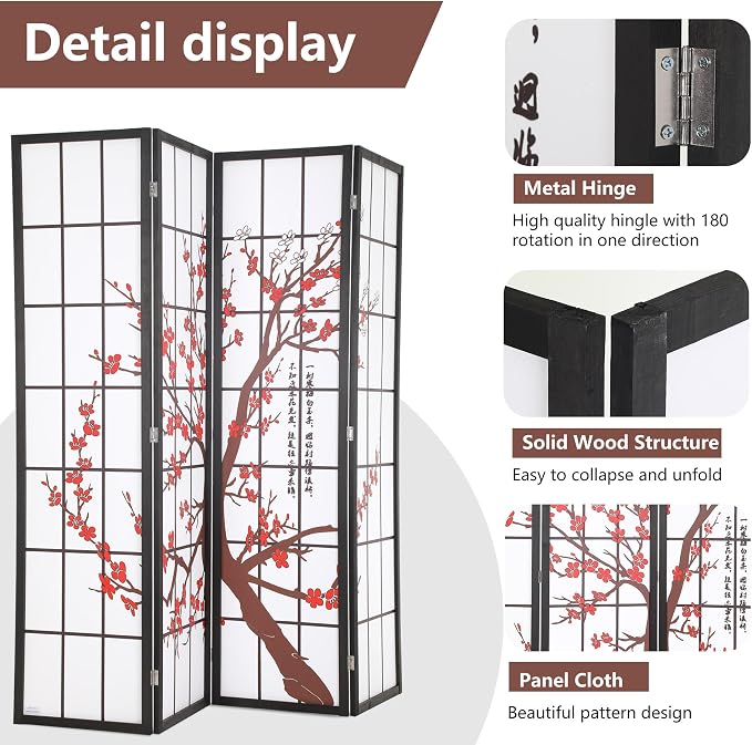 PayLessHere | 4-Panel Folding Room Divider | 6ft, Oriental Shoji Design | Cloth - Image 3