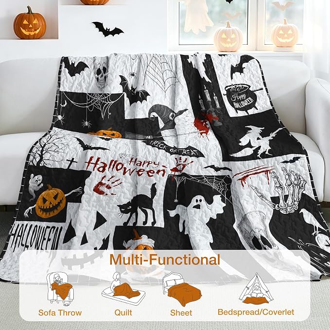 WONGS BEDDING Halloween Quilts Queen Size, Queen 96"x90", Reversible Grid Design - Image 6