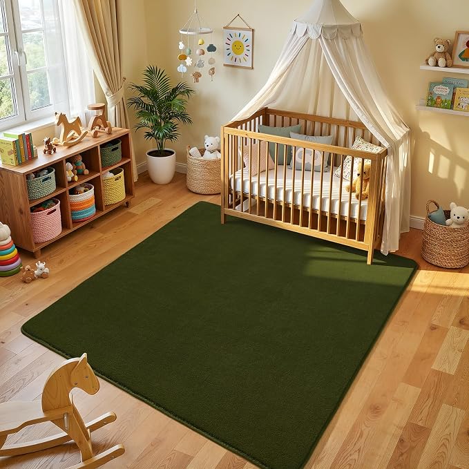 4x4 Square Area Rug for Bedroom Living Room, Olive Green Fluffy Rug | Thickened - Image 2