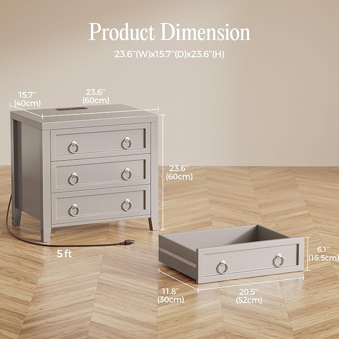 Huuger Paint Night Stand with Charger Station, 3 Drawer Nightstand Set of 2 | - Image 2
