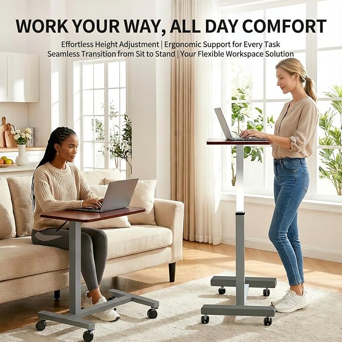 Adjustable Overbed Table with Wheels, Pneumatic Height Lift Rolling Bedside - Image 4