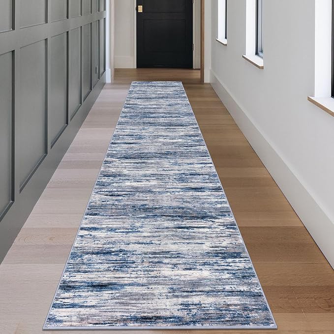 2.6x18 Modern Abstract Runner Rug for Hallways, Navy Blue Gray Neutral Multi Super Soft Hallway Decor Kitchen Rugs with Non-Slip, Non-Shedding Washable Rug for Entryway Bedroom Indoor