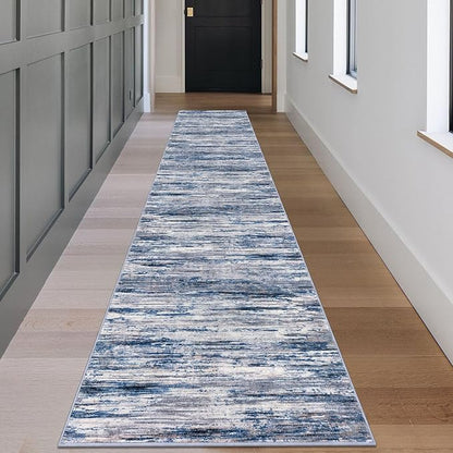 2.6x18 Modern Abstract Runner Rug for Hallways, Navy Blue Gray Neutral Multi Super Soft Hallway Decor Kitchen Rugs with Non-Slip, Non-Shedding Washable Rug for Entryway Bedroom Indoor