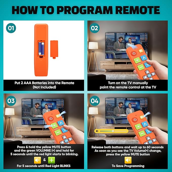 EZclicker Big Button Universal TV Remote (Orange) Simple Easy to Use, Great for Seniors, Works with Major TV Brands (2xAAA Batteries Not Included)