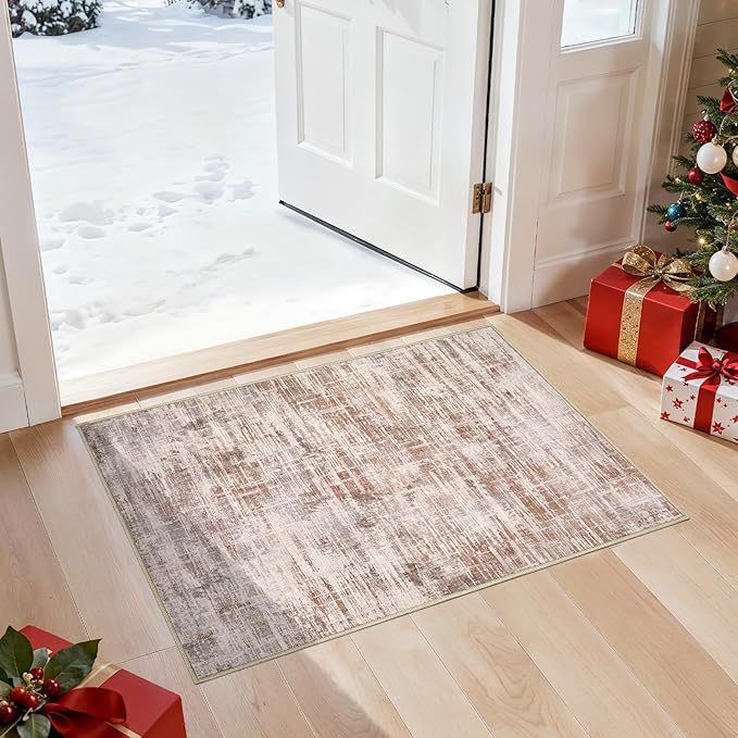 2x3 Entryway Area Rugs: Washable Neutral Abstract Small Rug Door Mat Non-Slip Soft Low Pile Indoor Carpe for Entrance Kitchen Front Door Bathroom Entry Kids Room - Red Brown