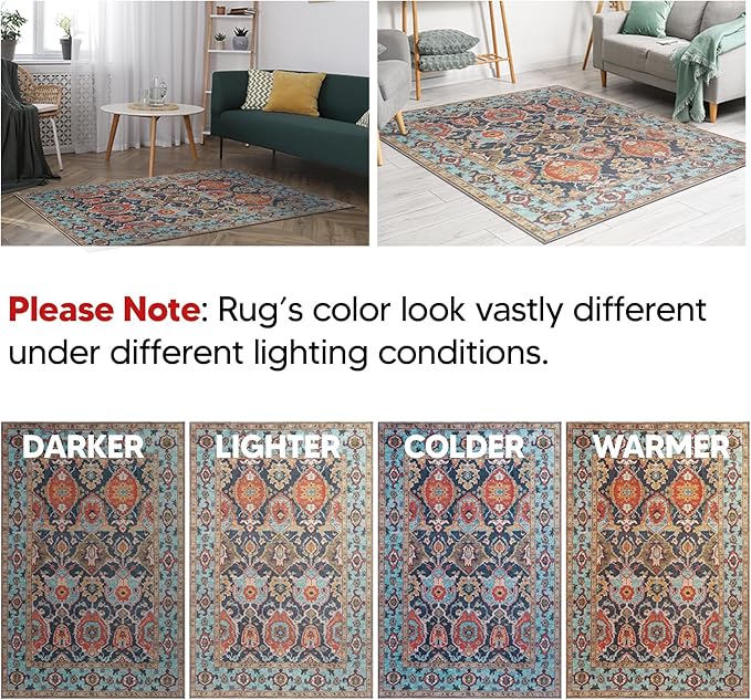 Keen Home Design 8x10 Rug - Machine Washable Area Rug with Non-Slip Backing, Ideal for Living Room, Dining Room, Bedroom - Vintage, Easy Clean, Durable, Low Pile Rug - (8' x 10')