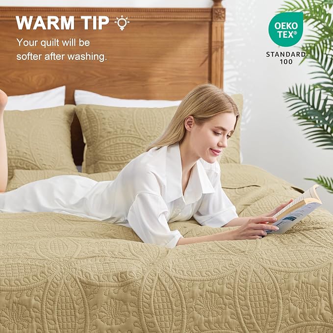 Love's cabin King Size Quilt Set Camel Bedspreads - Image 4