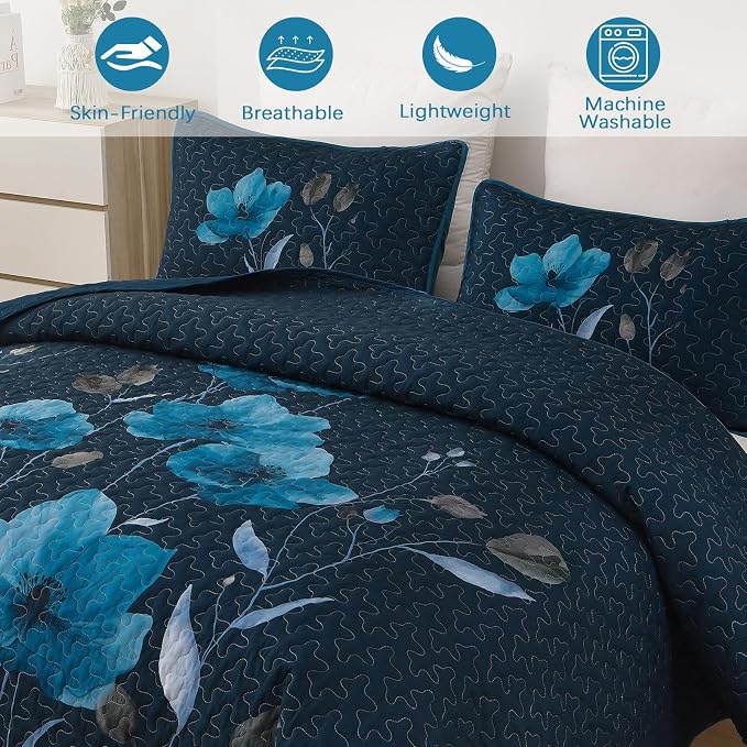 Mybedsoul Full/Queen Quilt Set Dark Blue, Reversible Polyester Coverlet Set - Image 4