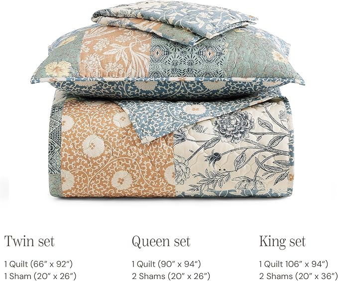 King Quilt Set-3 Pieces Soft Bedding Lightweight Floral Patchwork Coverlet | - Image 7