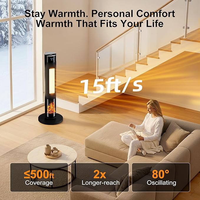 YEW Space Heater for Indoor Use, 34" Portable Electric Room Heater with Remote, 80° Oscillating, 24H Timer, Thermostat & ECO Mode, Ceramic Tower Heater for Large Room,Bedroom,Office