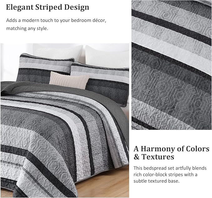 Dobuyly Queen Boho Stripe Quilt Set, Breathable All-Season, 3-Piece Set - Image 5