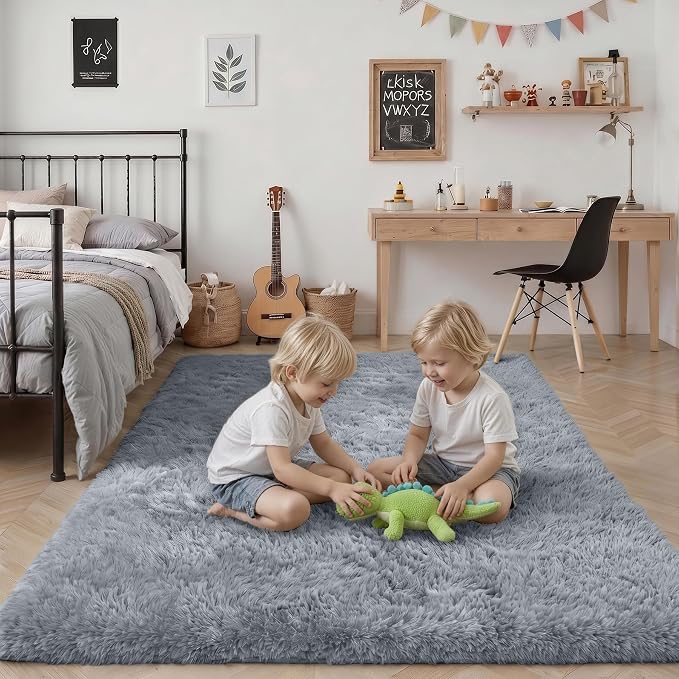 Area Rug Living Room Bedroom: 4x6 Fluffy Plush Shag Carpet Gray | - Image 7