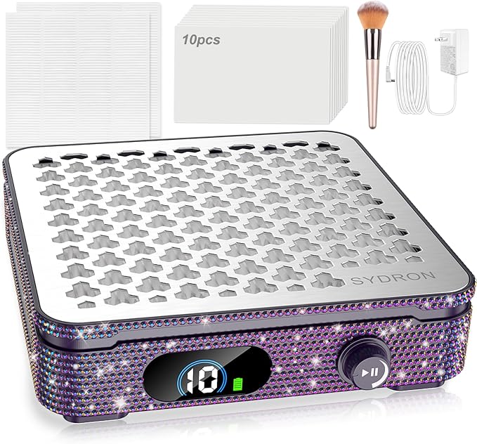 Nail Dust Collector | 1000PA Nail Fan Dust Collector | 10 Speed Levels | Low Noise & Strong Suction | Reusable Filter, 10 Pads + Nail Dust Brush | for Acrylic Nails, Salon & Home -Purple Diamond