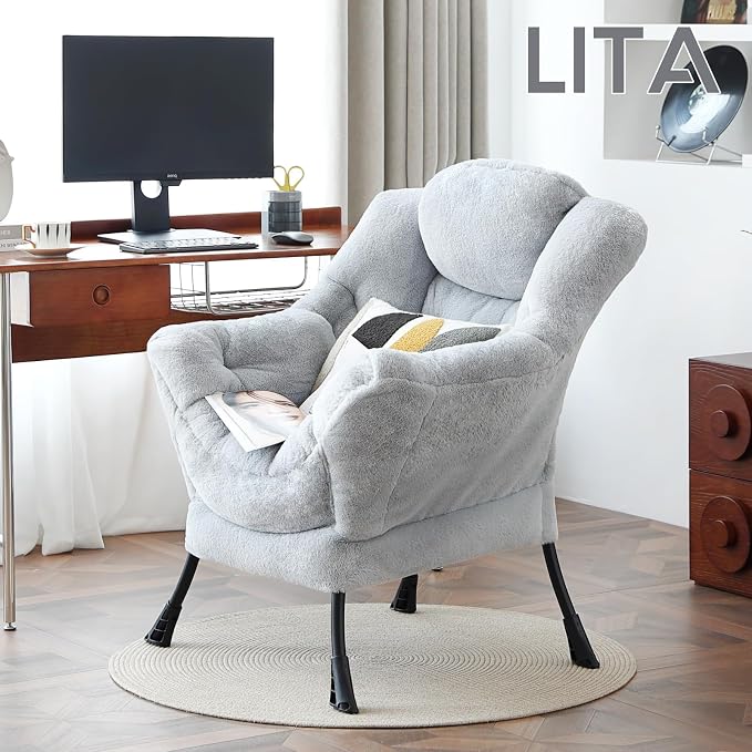 Lazy Chair with Ottoman, Comfy Accent Reading Chair, Plush Grey | Foldable - Image 7