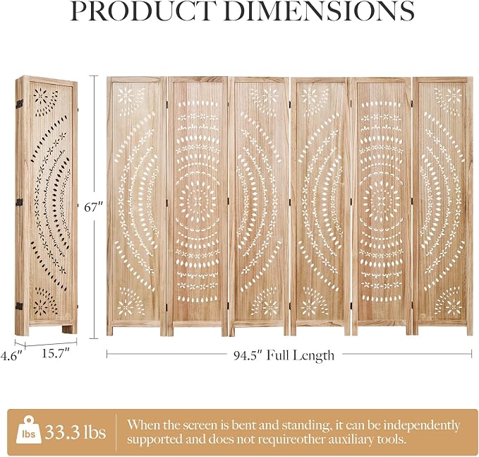 66.9Inch Folding Room Divider, 6 Panels Wood Carved Privacy Screens, Free - Image 5
