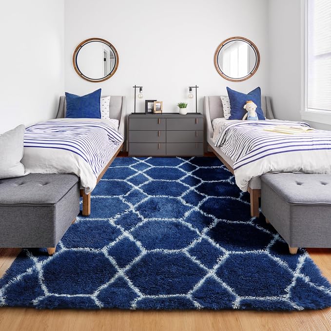 5x7 Area Rugs for Living Room Bedroom, Fluffy Navy Blue and White Throw Rug - Image 7