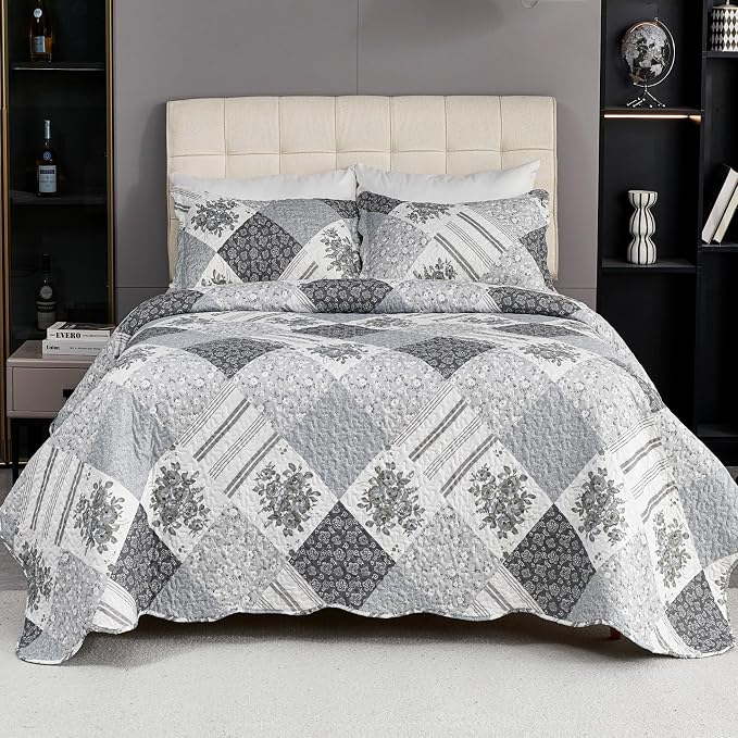 Cmfshape Summer Floral Queen Bedspread, Romantic Grey Quilt Set Full, by cmfshape-quiltset