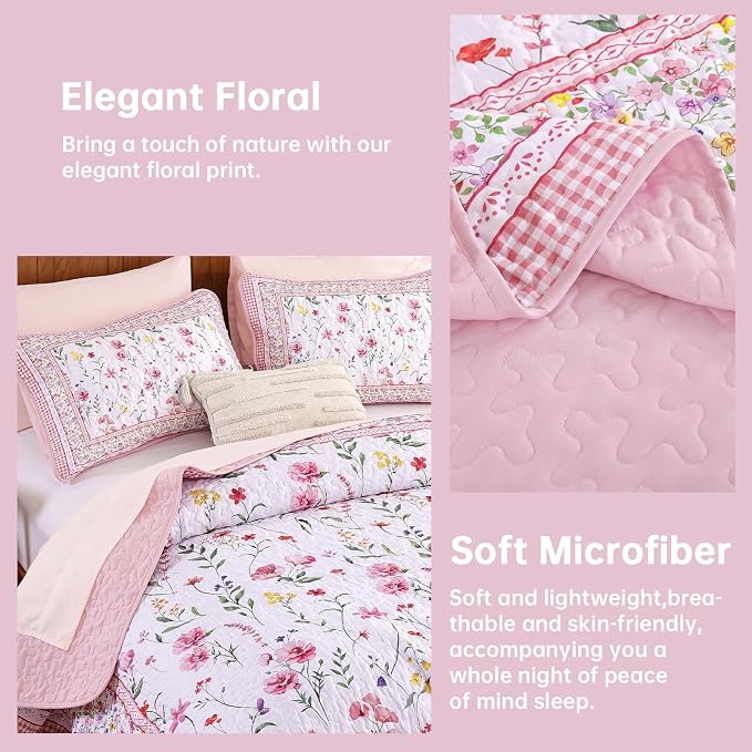 WONGS BEDDING Floral Quilt Set Queen, Microfiber Lightweight Farmhouse Bed - Image 4