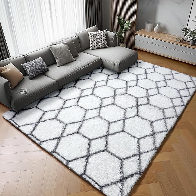 5x7 Area Rugs for Living Room Bedroom, Fluffy White and Grey Throw Rug by ONASAR