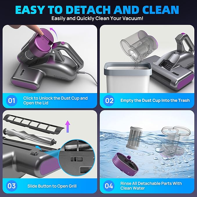Beroya Mattress Vacuum Cleaner UVC 253.7nm Light with 16Kpa Strong Suction, 145°F Heat, Ultrasonic, HEPA Filter, Versatile Bed, Pillow and Couch Vacuum Cleaner (16.4ft Corded, 500W)