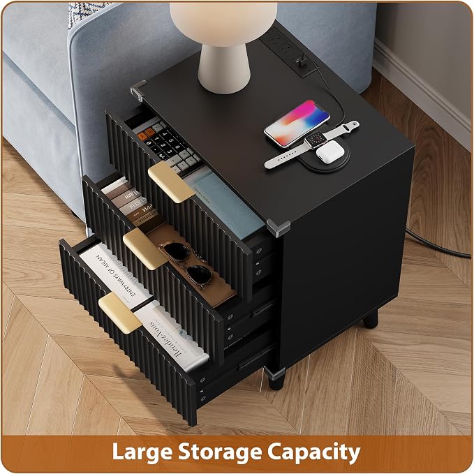 Wood Nightstands Set of 2 w/Charging Station, 3 Drawers Fluted Dresser | Black - Image 5