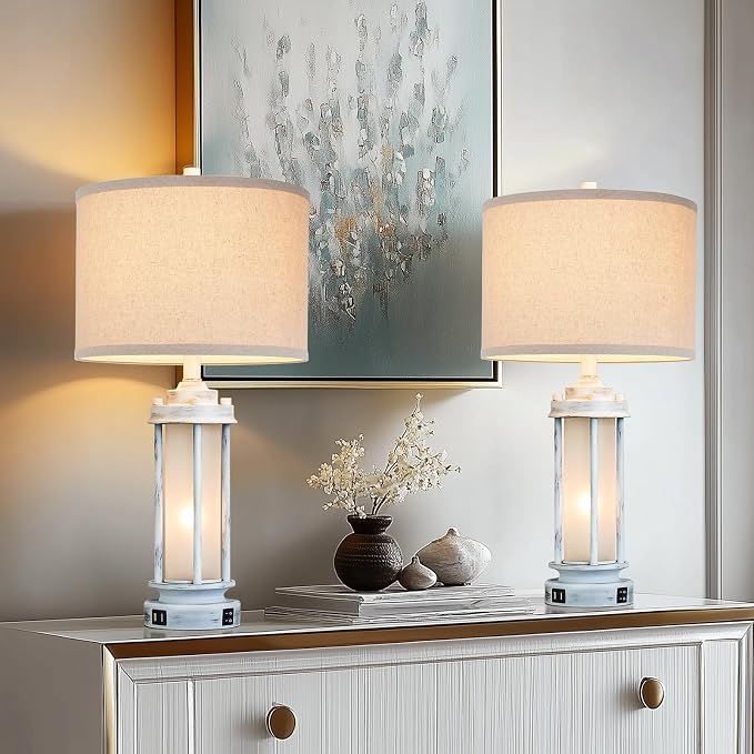 AIEAMPDO 25" Set of 2 Antique White Rustic Table Lamps 2 USB C+A Ports | - Image 4