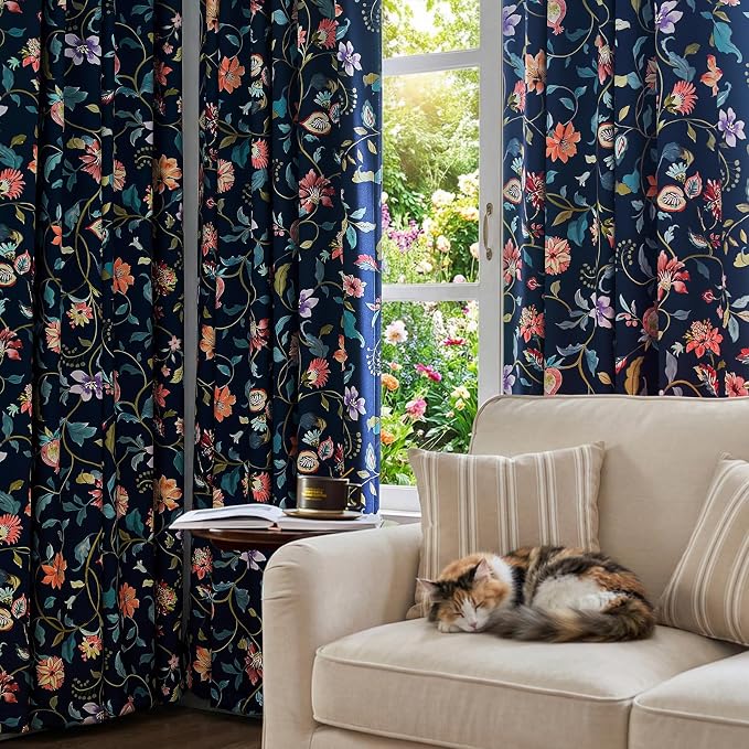 jinchan Dark Blue Floral Blackout Curtains 84 Inch Back Tab 2 Panels | Room - Image 9