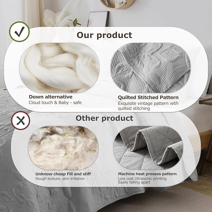B2EVER Light Grey Damask Quilt Twin Size Bedding Sets - Image 5