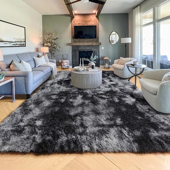 Abstract Soft Shaggy Rugs for Living Room 5x8 Ft, Tie-Dyed Grey Fluffy Rugs for - Image 8