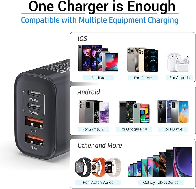 TT&C USB C Block 40W, 4 Ports Wall Plug Fast Charging Block, PD+QC Multiport Power Adapter USB C Charger Type C for iPhone 17, 17 Air, 17 Pro, 17 Pro Max, 16,15,14,13,12, Galaxy Phones-(Black 2Pack)