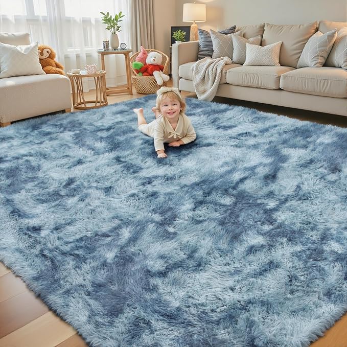 8x10 Area Rugs for Living Room, Dark Blue Tie-Dyed Large Soft Shaggy Carpet | by Junhejiamei