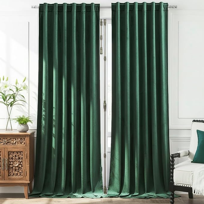 Timeper Green Velvet Curtains 108 inches 2 Panels, Back Tab & Rod Pocket by Timeper