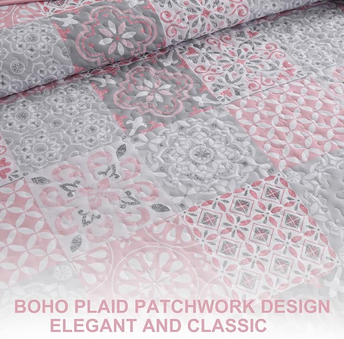 Pink Grey Quilt Set King Size, Boho Plaid Patchwork Bedspread Coverlet Set | - Image 5