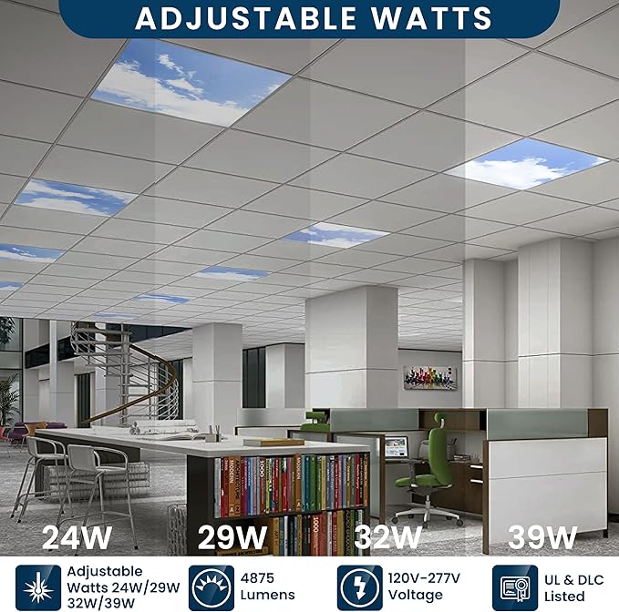 4 Pack 2x4 LED Flat Panel Light Drop Ceiling Fixture with Cloud Design, 7000LM Tunable 20W-40W, 3000K-6500K 0-10V Dimmable Skylight Recessed Fixture for Office Shop, ETL & DLC 24x24 Inch LED Panel