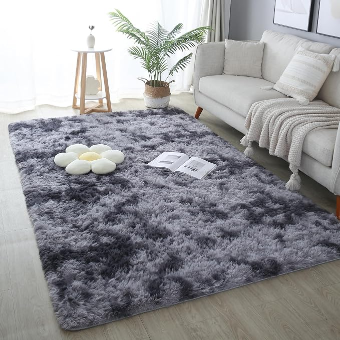 5x7 Tie-dye Dark Grey Shag Rug for Bedroom, Soft Plush Fluffy Carpet | Gray by KICHOWUA